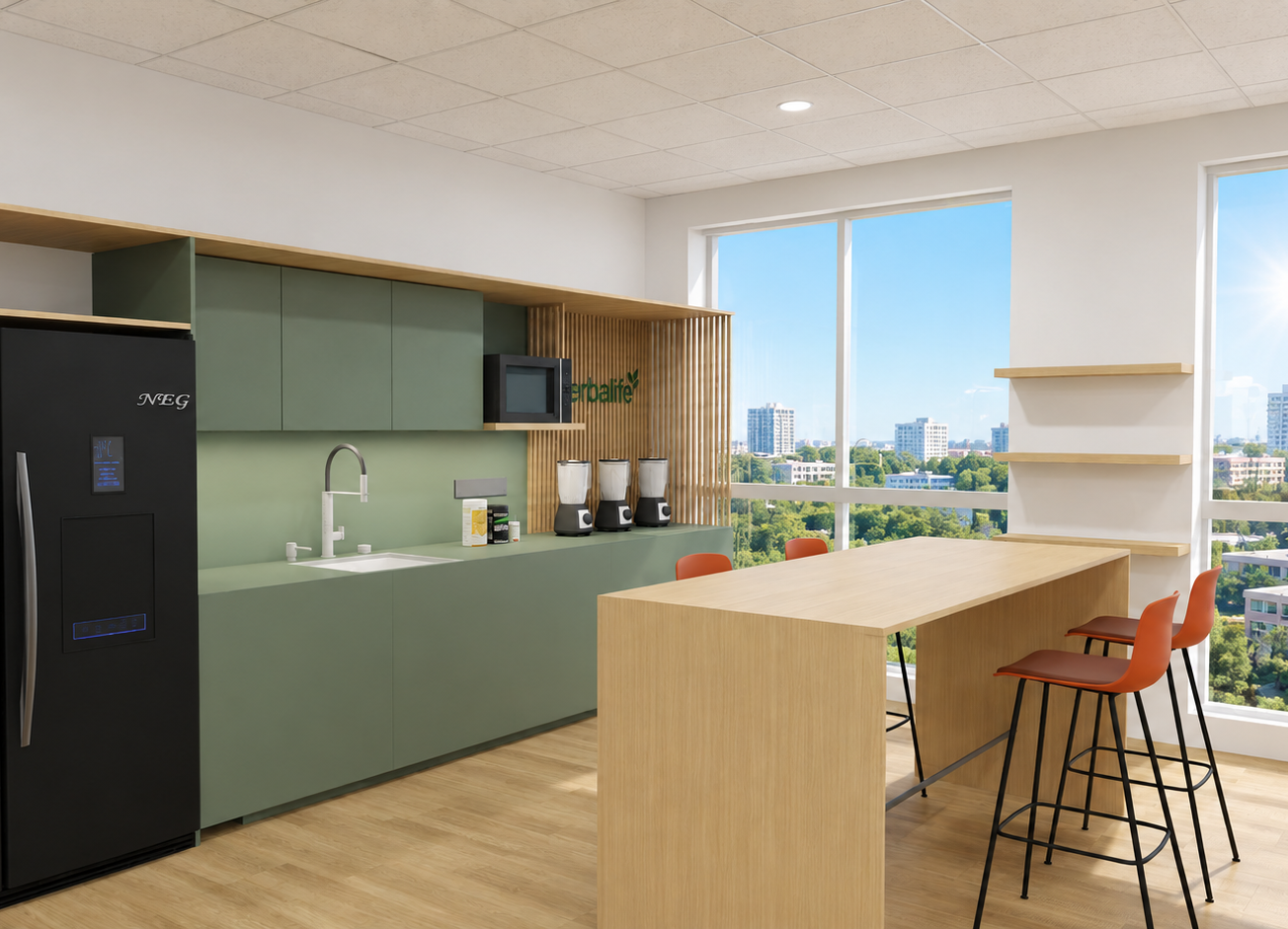 Tertia Solutions, expert en aménagement d'espaces de travail - Espace restauration - vue 3D 2 - Herbalife